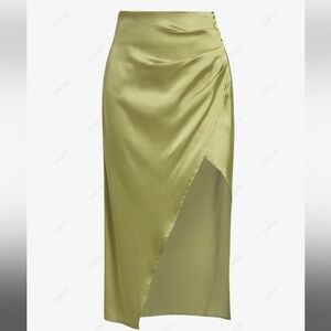 Satin Ruched Slit Midi Skirt